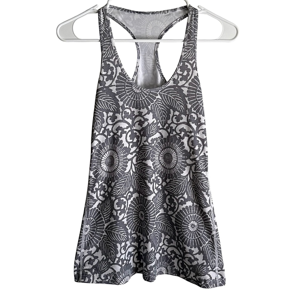Lululemon Cool Racerback Beachy Floral White Fossil Gray Tank Top Size 4